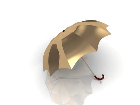 golden umbrella with wooden handle on white background
