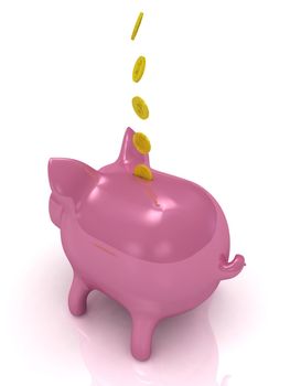 Pink piggy bank and gold coins on a white background