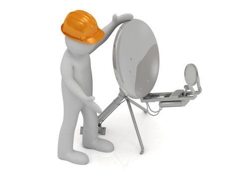 3d man in an orange helmet adjusts the satellite dish on a white background