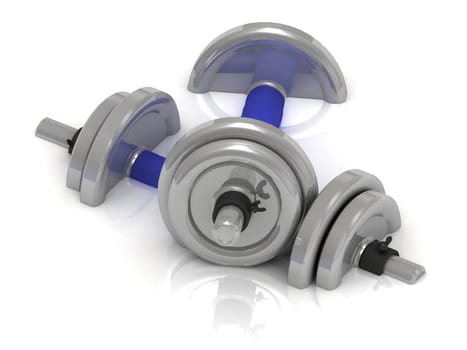 Steel dumbbells with blue handle on a white background. 3d concept