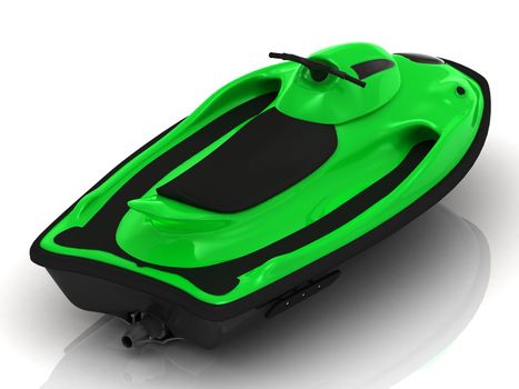 Green PWC on a white background. Rear view of watercraft