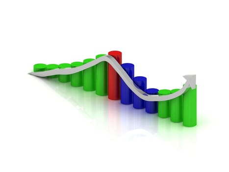 Business graph: fluctuations in growth and reduction of the silver arrow