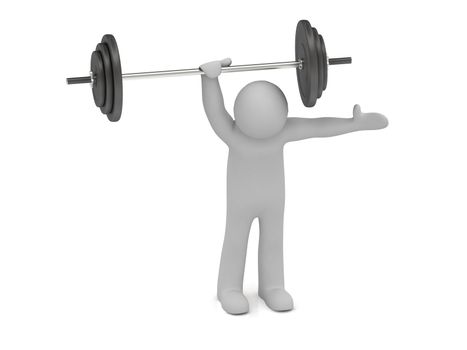 3d man holds up a heavy barbell with one hand