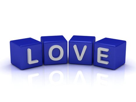 LOVE word on blue cubes on an isolated white background