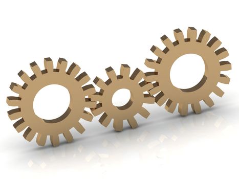 Connection of the three gold gears on a white background