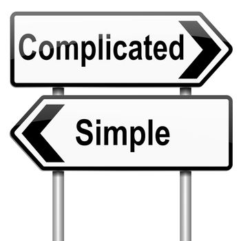 Illustration depicting a roadsign with a complicated or simple concept. White background.