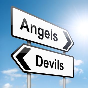 Illustration depicting a roadsign with an angel or devil concept. Sky background.