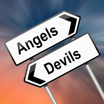 Illustration depicting a roadsign with an angel or devil concept. Abstract blur background.