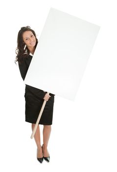 Cheerful businesswomen presenting empty board. Isolated on white