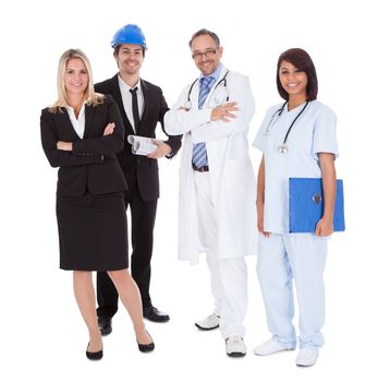 Portrait of happy people of different professions together on white background