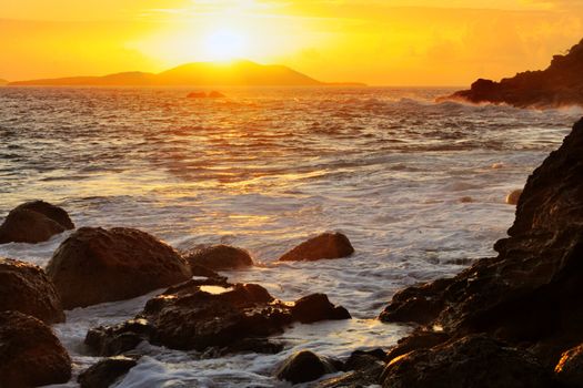 Beautiful golden sunrise over the Puerto Rican island of Culebrita