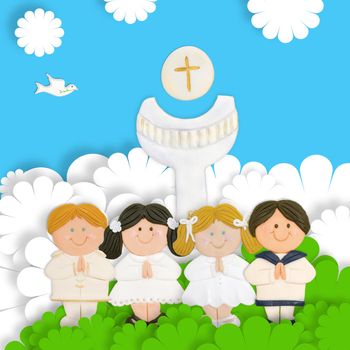 first communion card, group of children, calyx and wafer