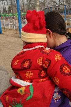 China Mother and Baby, Red Happy Coat, Chinese New Year, Beijing