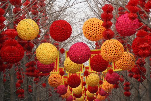 Chinese New Year Decorations, Ditan Park, Beijing, China.  During Lunar New Year, many parks and temples in China have large outdoor fairs, festivals.