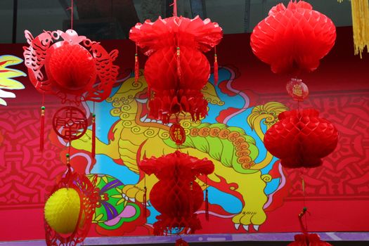 Chinese Lunar New Year Decorations, Beijng, China Red Paper Lanterns and Dragons