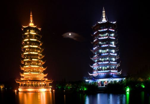 Silver, Moon, and Gold, Sun, Pagodas with Moon Guilin, Guangxi Province, China 