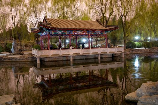 Wushu in Park, Practicing Tai Chi, Temple of Sun Pavilion, Pond, Reflection, Willows, Beijing, China