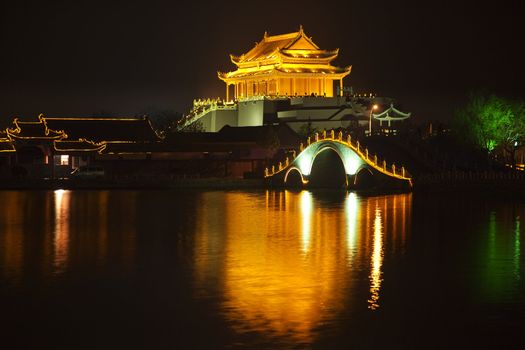 Ancient Dragon Pavilion Longting Park Night Reflection Bridge Kaifeng China  Kaifeng was the capital of the Song Dynasty, 1000 to 1100AD.