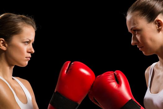 two female boxers face each other, pushing the boxing gloves, start a fight