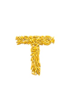 T letter of rice on a white background