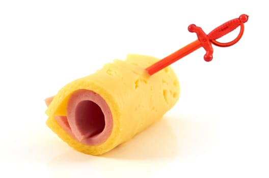 Sausage and cheese rolled roll on a white background