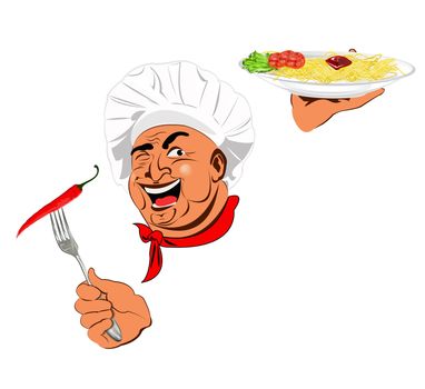 Funny Chef and traditional Italian spaghetti with burning red pepper chilli