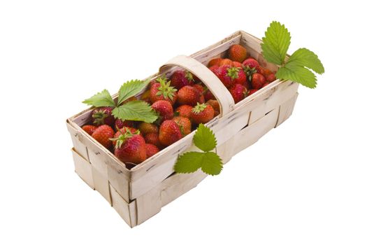 Fresh juicy strawberries in wooden basket isolated on white