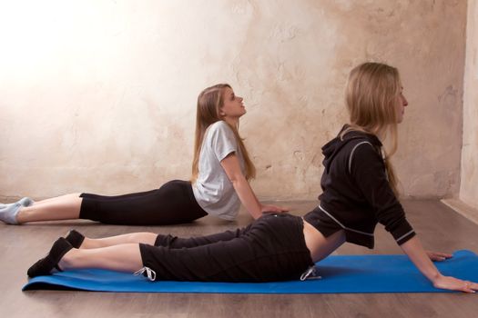 aerobics fitness woman mirror sport gym yoga girl on blue mat