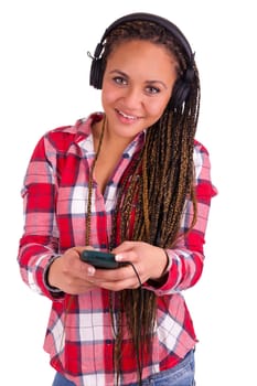 Beautiful African American woman sending a sms on cell phone