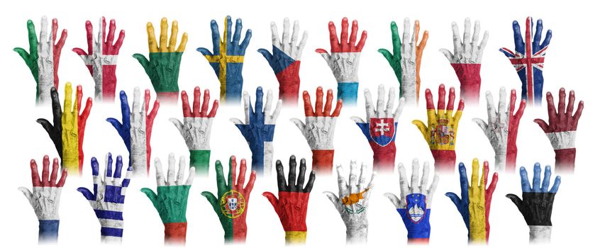 Hands with flag painting of the EU-coutries, isolated