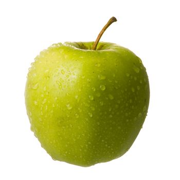 Dewy green apple on white background