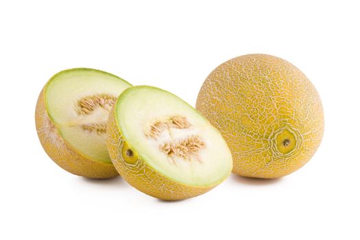 Fresh galia melon slices isolated on white background, fruits
