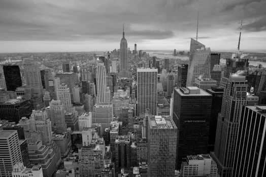 Manhattan view from the observation desk on Rockfeller Center. Black and white hight contrast image