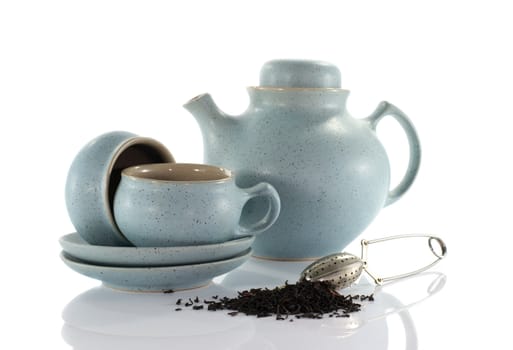 tea with cups and teapot isoalted on white