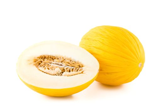 Fresh fruit, yellow melon slices isolated on white background
