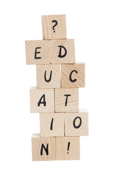 Education spelled out with wooden blocks and exclamation mark.