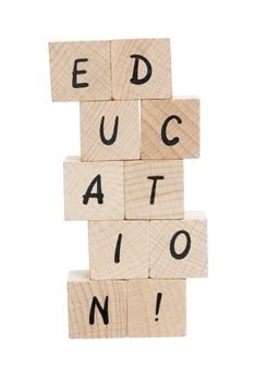 Education spelled out with wooden blocks and exclamation mark.