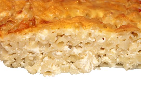 Gratin with pasta, beaten eggs, and cheese on white background