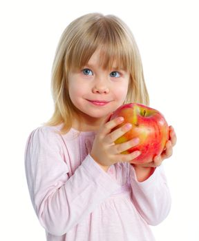 Little beauty girl holding big red apple. Isolated white background