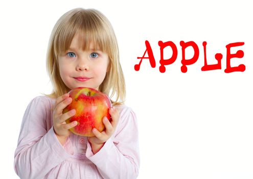 Little beauty girl holding big red apple. Isolated white background