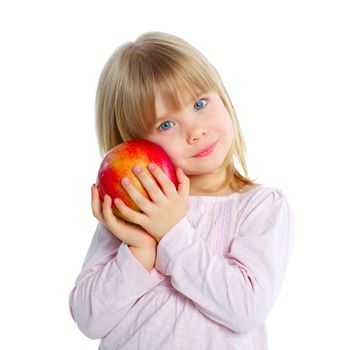 Little beauty girl holding big red apple. Isolated white background