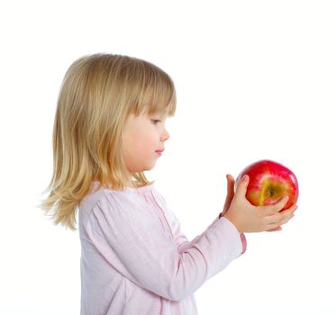 Little beauty girl holding big red apple. Isolated white background