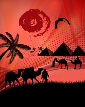 Bedouin camel caravan in abstract landscape, vector illustration