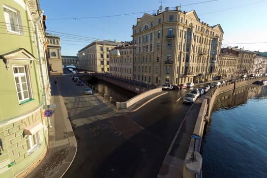 River Moika. View of the Winter Canal and the River Moika. The photo was taken in the early morning with a rare point shooting - with special rigs. St. Petersburg. Russia.