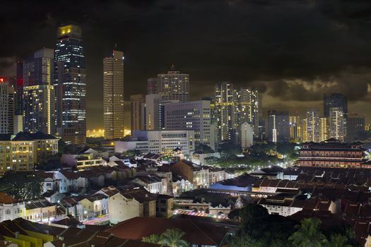 Singapore Central Business District Skyline and Chinatown Cityscape at Night