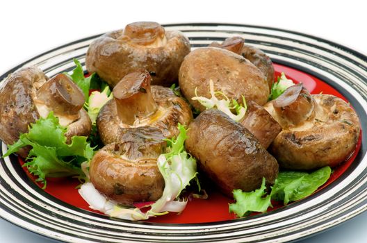 Perfect Roasted Champignon Mushrooms Full Body with Greens on Red Plate closeup