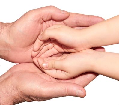 Small child's hand in the large  palms of an adult