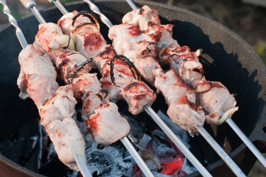 Shish kebab preparation on a brazier, outdoor picnic