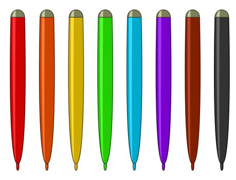 Set of eight multi-coloured felt-tip pens: six colours of a rainbow, brown and black