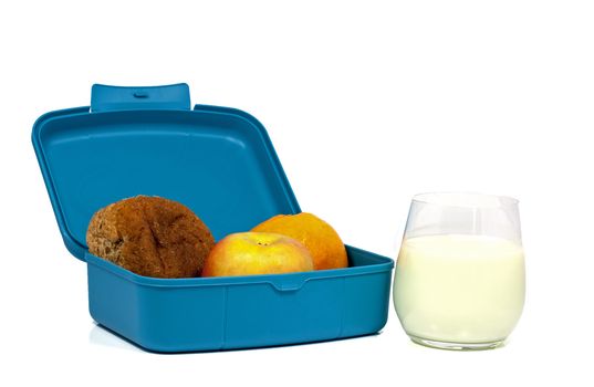 blue lunchbox with bread apple and a glass of drink